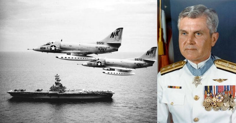 Left: VA-146 A-4Cs over the Gulf of Tonkin in August 1964. Right: James Stockdale in full dress uniform