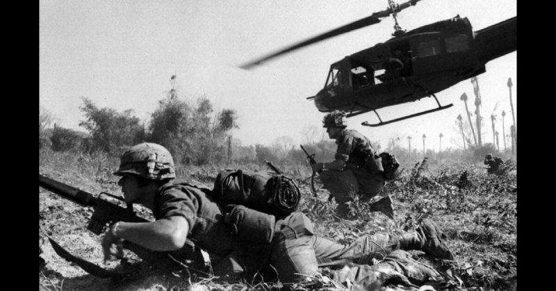 American Troops and Chopper during the Battle of Ia Drang. 