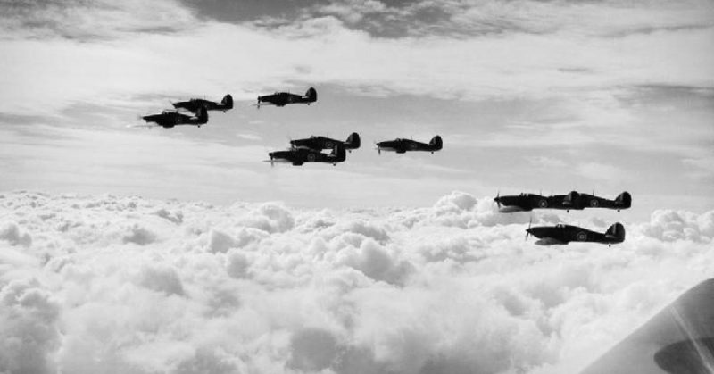 Hawker Hurricane Mk Is of No. 85 Squadron RAF, October 1940. Hawker Hurricane Mk I aircraft of No 85 Squadron, Royal Air Force on patrol during the Battle of Britain.