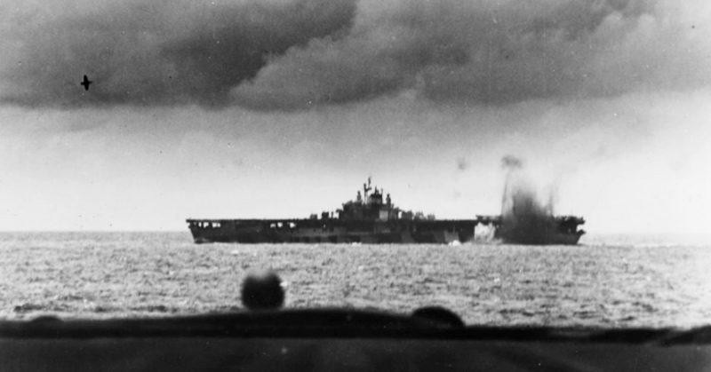 USS Bunker Hill is nearly hit by a Japanese bomb during the air attacks of June 19, 1944.