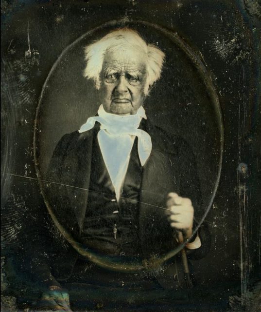 The last American Revolutionary posed for a picture before dying at the age of ninety-nine “Capt. Simeon Hicks (1755-1855) Revolutionary War Soldier”. Photographed by James Irving at Sunderland, Vermont, August 16, 1854, image courtesy of the Bauman Family Collection, Salt Lake City. Colourised by Matt Loughrey