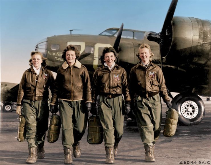 How women empowered themselves during WW2 by risking their lives for their country “From left to right female pilots Frances Green Kari, Margaret (Peg) Kirchner, Ann Waldner and Blanche Osborn Bross walk away from their B-17 Flying Fortress Bomber.” Pictured at the Four Engine Training School at Lockbourne Army Air Force Base, Ohio, USA c.1944 by an unknown US Army photographer. Colourised by Patty Allison