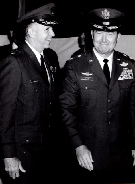 Don D. Pittman, right, shares a chuckle with Major General Walter Baxter III during Pittman’s change of command ceremony at Malmstrom AFB in 1978. Courtesy of Debbie Pash-Boldt.