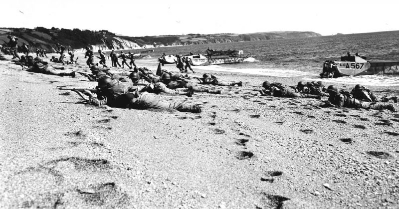 American troops landing on an English beach during rehearsal for invasion of Nazi occupied France.