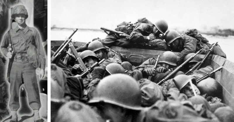 Left: Kromer is pictured while at basic infantry training at Camp Fannin, Texas in the fall of 1944.  Courtesy of Bill Kromer. Right: Soldiers from the Division cross the Rhine River in assault boats, 1945.