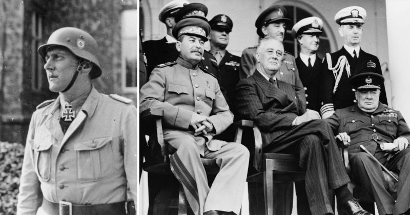 Left: Otto Skorzeny in 1943. Photo: Bundesarchiv, Bild 101III-Alber-183-25 / Alber, Kurt / CC-BY-SA 3.0 Right: Teheran, Iran, December, 1943. Front row: Marshal Stalin, President Roosevelt, Prime Minister Churchill.
