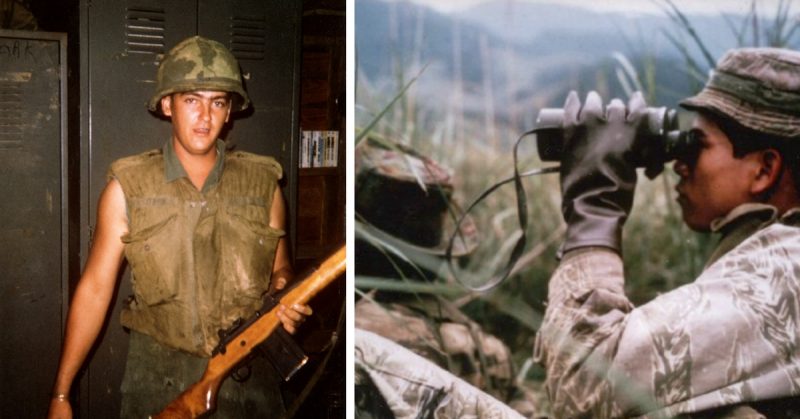 Left: Bogg is pictured shortly after his arrival in Vietnam in the summer of 1969. Bogg was assigned to his brother’s unit and given his equipment when his brother returned to the states. Courtesy of Ron Bogg. Right: 1st Cav LRRP Montagnards scanning for enemy troops, March 1968. Photo: Icemanwcs - Own work / CC-BY-SA 4.0