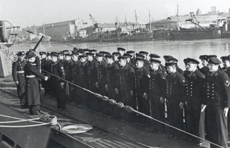 The crew of U-166 during the U-Boat’s commissioning ceremony in March 1942. They would all perish in the Gulf of Mexico 18 weeks after this photo was taken.