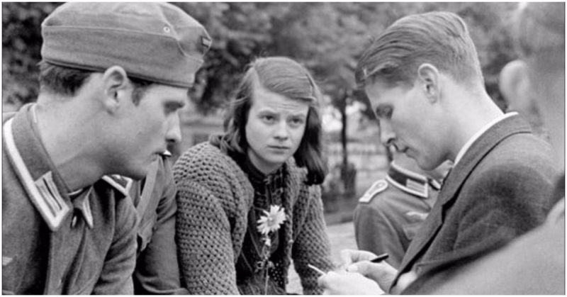 Hans Scholl (left), Sophie Scholl and Christoph Probst, leaders of the White Rose resistance organization. Munich 1942 (USHMM Photo)
