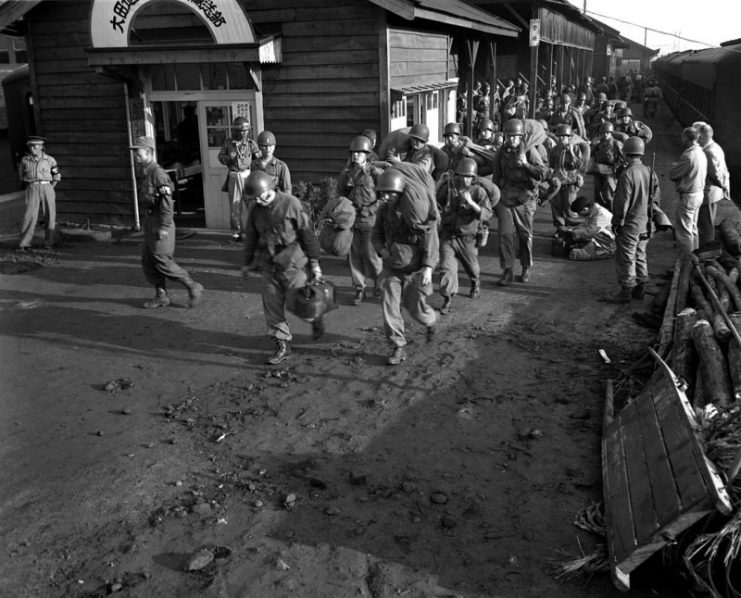 Task Force Smith arrives in Taejon train station, South Korea.