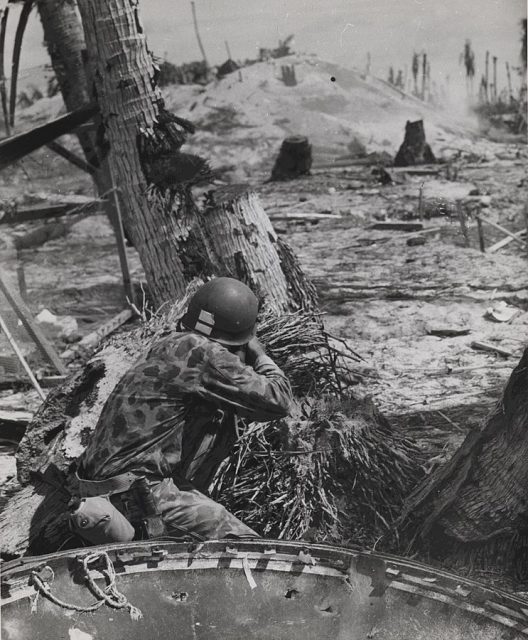 Marine Shoots on a Japanese Pill Box, Tarawa, November 1943. Photo: USMC.