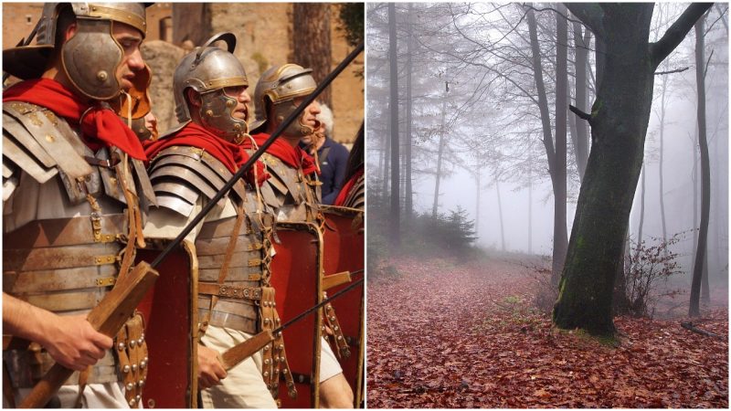 Left: Roman Legionaries in Battle dress. Right: The Teutoburg forest in the fog. Nikater - GFDL