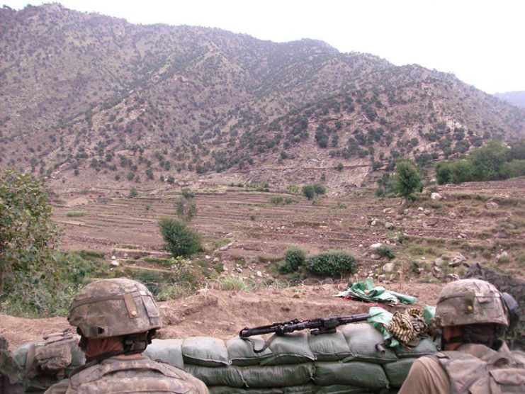 US Army soldiers man Vehicle Patrol Base (VPB) Kahler near Wanat, Afghanistan on July 12, 2008, the day before being attacked and nearly overrun by 200 Taliban fighters.
