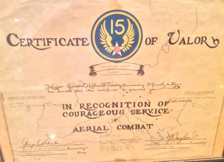 Certificate of Valor, Tuskegee Airman Milton Brooks – photo courtesy of Stephen Brooks