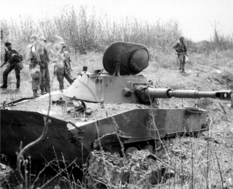 One of two PT-76s from the PAVN 202nd Armored Regiment, destroyed by US M48 Pattons from the 1/69th Armored battalion, during the battle of Ben Het, March 3, 1969, Vietnam.