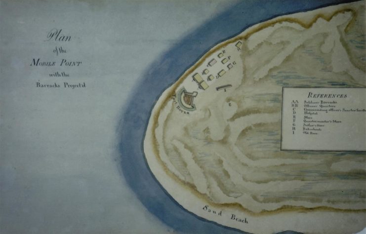 Water color showing the location of Fort Bowyer on Mobile Bay in (what is now) Alabama. (courtesy of The Historic New Orleans Collection)