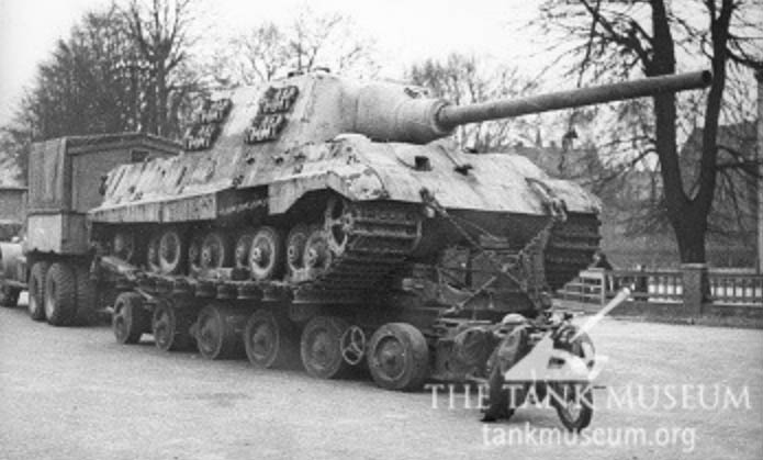 The Tank Museum’s Porsche suspension Jagdtiger, on Gotha trailer at Sennelager training area, Germany 1945.