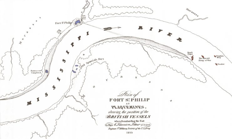 This map, from Major Arsène LaCarrière Latour book Historical Memoir of the War in West Florida and Louisiana (1816) illustrates the bombardment of Fort St. Philip from January 9 through 17, 1815.
