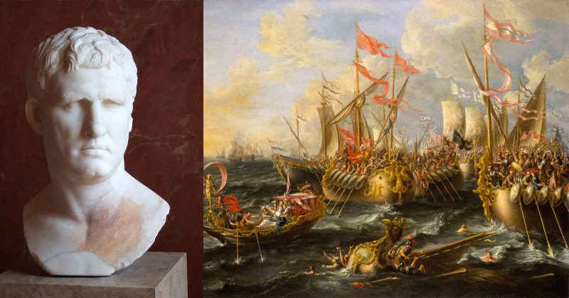 Marcus Agrippa (left). By Shawnlipowski - CC BY-SA 3.0. The Battle of Actium (right).