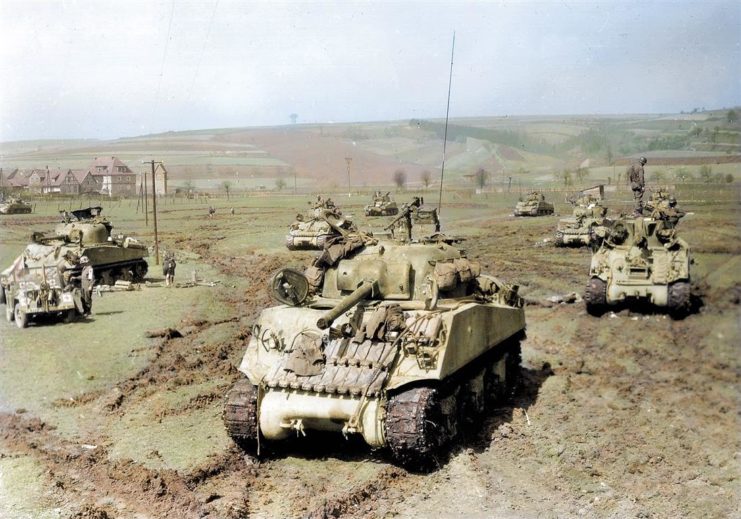 M4A3(75) Sherman tanks of the 9th US Armored Division in Westhausen, Germany. April 10, 1945. Royston Leonard / mediadrumworld.com