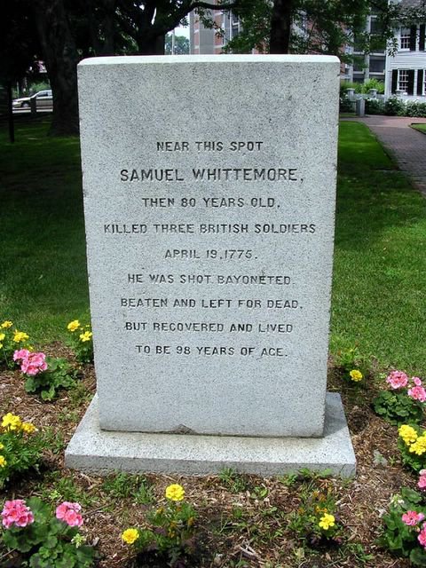 Near this spot, Samuel Whittemore, then 80 years old, killed three British soldiers, April 19, 1775. He was shot, bayoneted, beaten and left for dead, but recovered and lived to be 98 years of age.