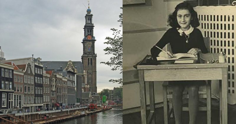 Left - The Famous Anne Frank House in Amsterdam, Netherlands. Yair Haklai - CC-BY 2.0 Right: Anne Frank at her desk in school. 