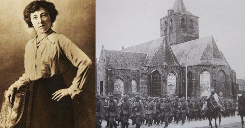 Left: Gabrielle Petit, picture from the cover of "The Illustrated Journal" June 7, 1919. Right: German troops marching through Blankenberge in 1914.