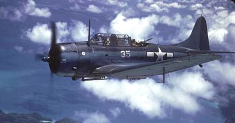 A Douglas SBD-5 Dauntless from the U.S. Navy in flight over Peleliu, September 1944.