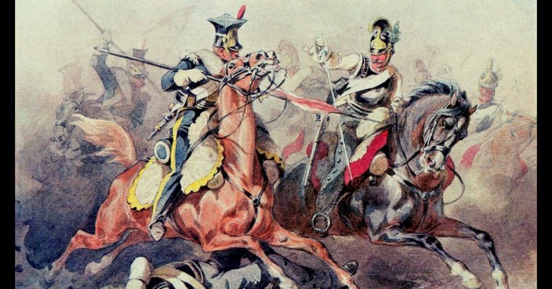 On the right, an Austrian cuirassier is in combat in with a Polish Vistula lancer (left).
