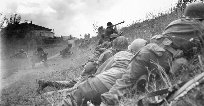 American soldiers attack a German machine-gun nest with a bazooka, during the Italian Campaign in WWII