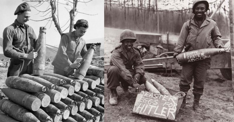 Allied soldiers with artillery shells, 1945