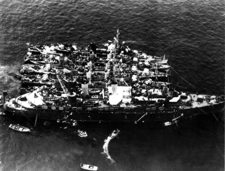 The U.S. Navy destroyer tender USS Prairie (AD-15) at Ulithi Atoll, in 1945. Alongside are three Allen M. Sumner-class destroyers and a Fletcher-class destroyer.