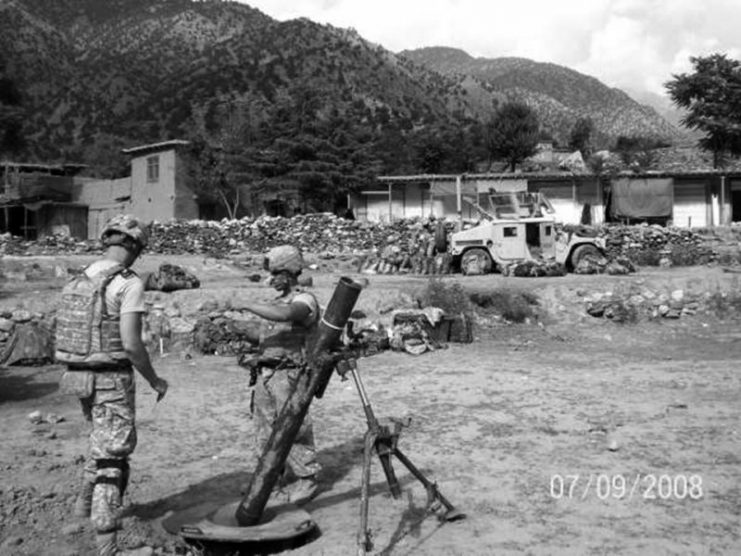 View of Wanat COP looking east from mortar position with 2nd Squad position, the bazaar and OP Topside’s later location in the background, 9 July 2008.