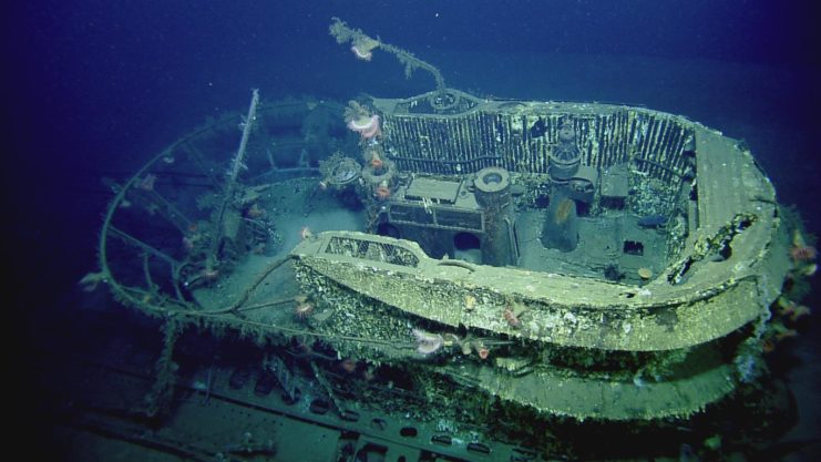 This July 2014 view of the conning tower wreckage of U-166 shows its wintergarten and 20mm Flak 38 anti-aircraft canon.