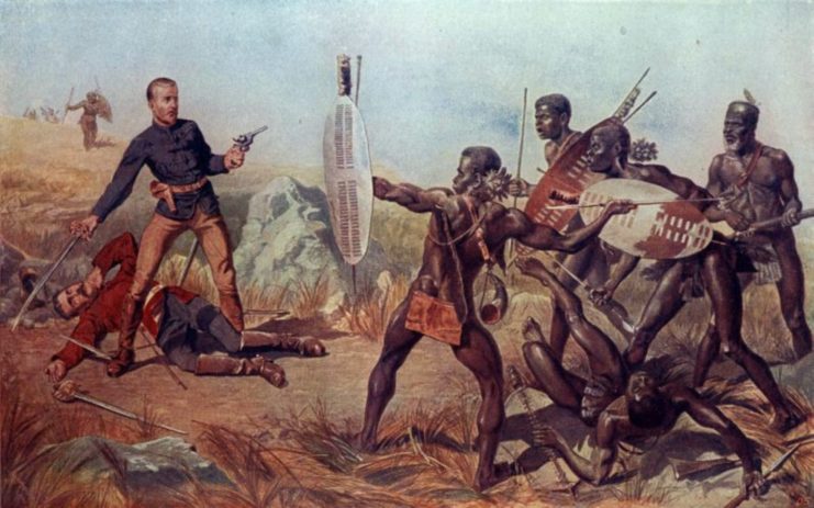 British Officer attacked by Zulu warriors.