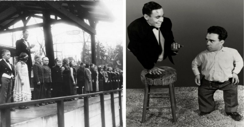 Left: People with dwarfism in 1935, Germany. Photo: Bundesarchiv, Bild 102-04469A / CC-BY-SA. Right: Johnny Eck (left) & Angelo Rossitto in Freaks, 1932.