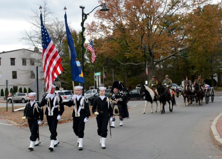 A USS Constitution color guard leads the funeral procession of Medal of Honor recipient Capt. Thomas J. Hudner, Jr. Capt. Hudner, a naval aviator, received the Medal of Honor for his actions during the Battle of the Chosin Reservoir during the Korean War. (U.S. Navy photo by Mass Communication Specialist 3rd Class Casey Scoular/Released)