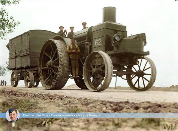 “A Heavy Foster-Daimler 105hp Artillery tractor on the Amiens-Albert road, The Somme, September 1916.”
