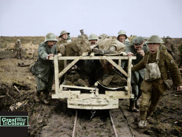 Bringing Canadian wounded to the Field Dressing Station at Vimy Ridge in April 1917.
