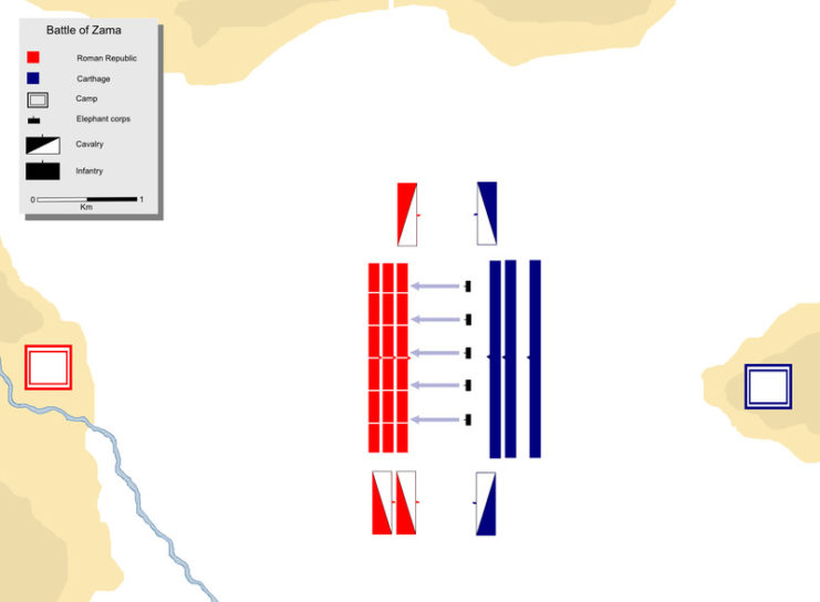 Hannibal begins the battle with his war elephants charging at Roman front. By Mohammad adil – CC BY-SA 3.0