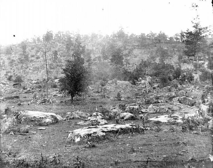 Little Round Top, western slope, photographed by Timothy H. O’Sullivan, 1863.