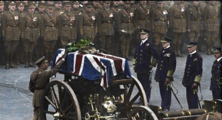 George V places a wreath on the coffin of the Unknown Warrior, 11November 1920. Photo colourised by Royston Leonard / mediadrumworld.com