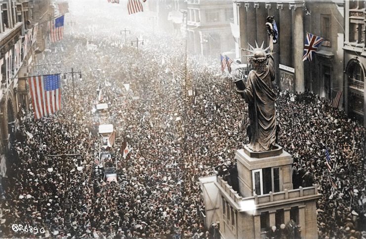 The announcing of the armistice on November 11, 1918, was the occasion for large celebrations in the allied nations. Photo colourised by Royston Leonard / mediadrumworld.com
