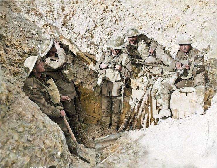 Canadians captured in trenches at Hill 70. Photo colourised by Royston Leonard / mediadrumworld.com