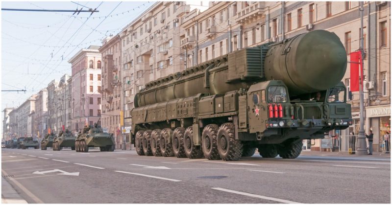 MIRV-equipped thermonuclear intercontinental ballistic missile on parade devoted to Victory Day anniversary.