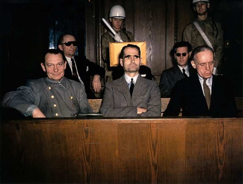 Top Nazi: Hess (center) in the dock at Nuremberg