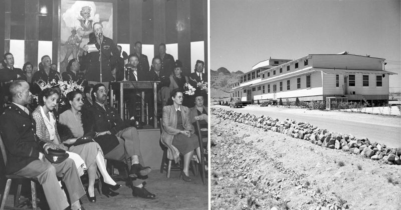 Inside the Mountain View Officers’ Club, 1943. U.S. Army Photo courtesy of Fort Huachuca Museum Archives(Left). Mountain View Officers’ Club Primary Facade (looking north), 1943. U.S. Army Photo courtesy of Fort Huachuca Museum Archives(Right).