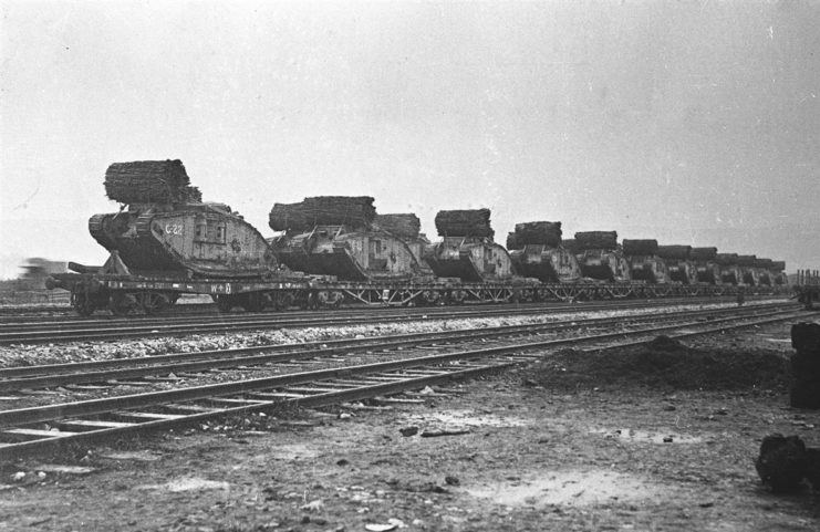 Tanks being transported for the Battle of Cambrai