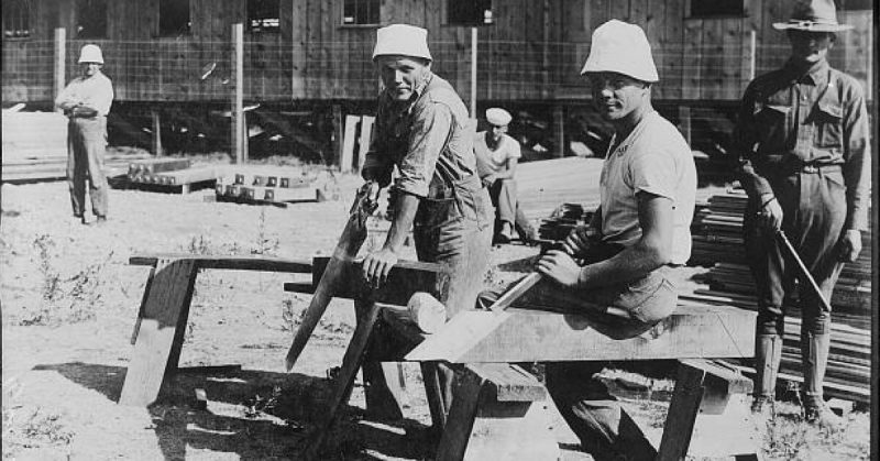 German-Americans build barracks in an Internment camp in WWI