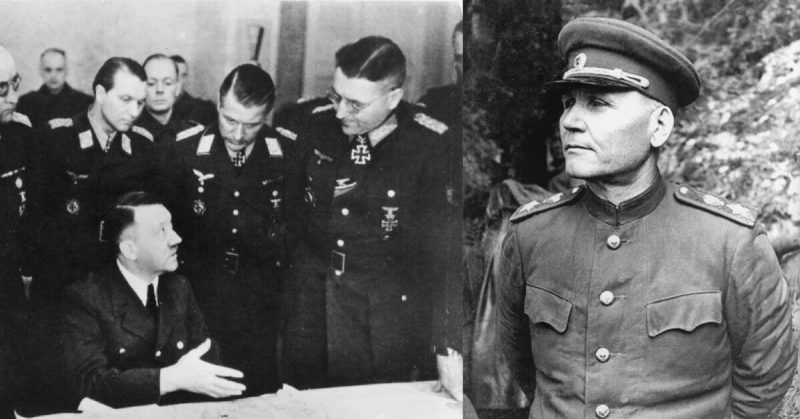 Left: Theodor Busse (Standing far right, glasses) German Commander at Halbe, with Hitler in 1945. (Bundesarchiv - CC-BY SA 3.0) Right: Ivan Konev, Soviet Commander at Halbe. 